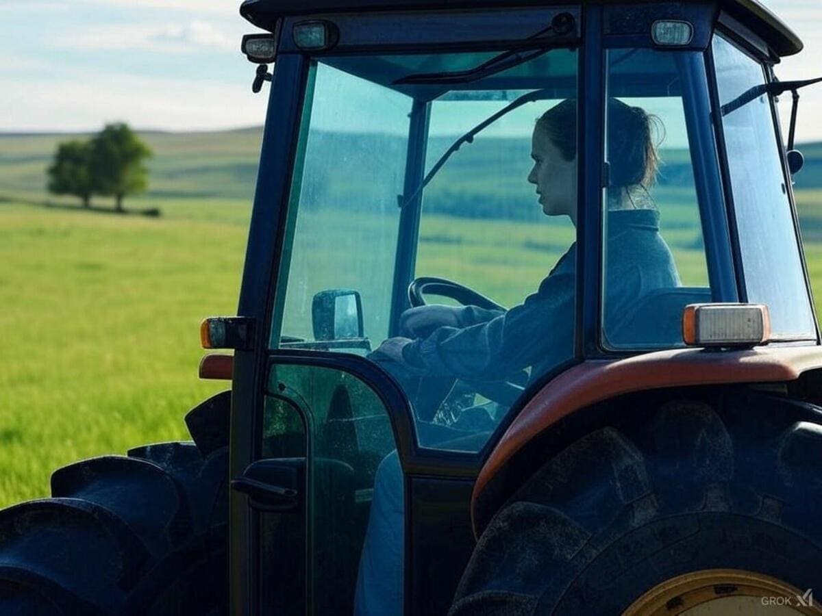 Mujer joven agricultora conduciendo un tractor